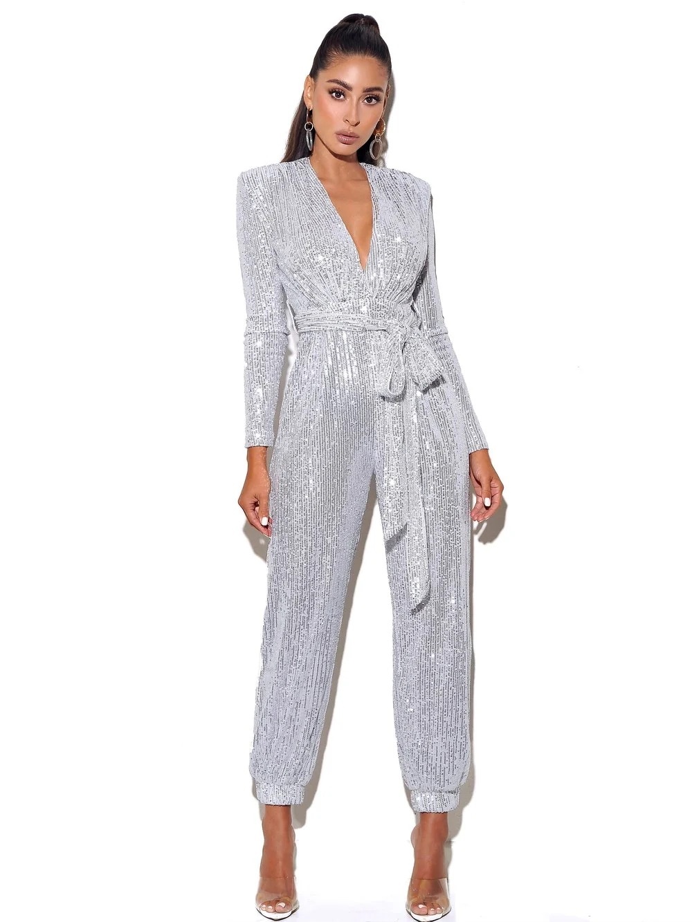 Miss Circle Tasha Sequin Jumpsuit Silver XS